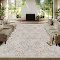 9x12 Floral Washable Area Rugs for Living Room, Vintage Boho Large Rug for Bedroom Dining Room， Distressed Botanical Birds Non Slip Low Pile Forest Animal Throw Carpet for Farmhouse Office, Beige Blue