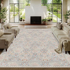9x12 Floral Washable Area Rugs for Living Room, Vintage Boho Large Rug for Bedroom Dining Room， Distressed Botanical Birds Non Slip Low Pile Forest Animal Throw Carpet for Farmhouse Office, Beige Blue