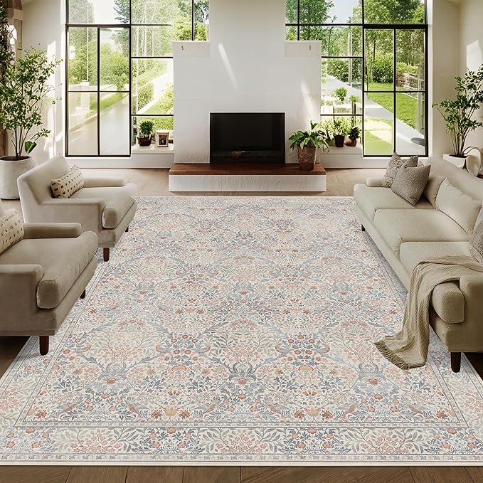 8x10 Floral Washable Area Rugs for Living Room, Vintage Boho Large Rug for Bedroom Dining Room, Distressed Botanical Birds Non Slip Low Pile Forest Animal Throw Carpet for Farmhouse Office, Beige Blue