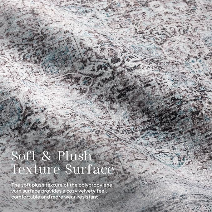 Phantoscope Washable Area Rug 5'x7' Non-Slip, Vintage Neutral Rugs for Living Room, Bedroom, Dining Room, Distressed Boho Floral Medallion Pattern, Low-Pile Foldable Floor Carpet, Blue/Grey