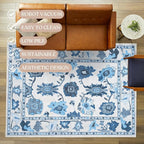 Fame Living Navy Blue Oushak Rug, Modern Small Rugs, Vintage, Turkish, Eclectic, Floral, Pastel, Washable, Door Mat, Doormat for Indoor Entrance, Entryway, Kitchen, Bathroom, Bedroom, Laundry, 2'x3'