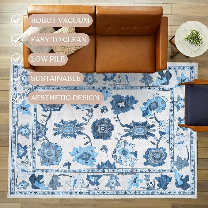 Fame Living Navy Blue Oushak Rug, Modern, Vintage, Turkish, Eclectic, Floral, Pastel, Washable, Extra Large Area Rugs for Living Room, Dining, Bedroom, Lounge, 9'x12'