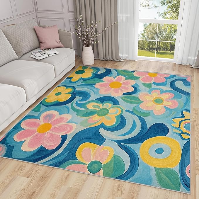 Floral Washable Rugs - 5x8ft - Modern Artistic Flower Rugs for Living Room Non Slip Low Pile Area Rug for Bedroom, Floral Carpets Room Decor & Gifts