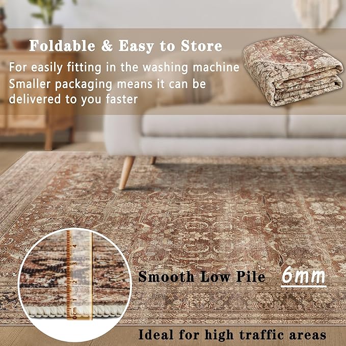 vivorug 8x10 Area Rugs for Living Room, Non-Slip Backing Washable Rug 8x10, Large Area Rug Soft Carpet for Bedroom Dining Room, Vintage, Easy Clean, Durable, Low Pile Rug Under Table, Brown