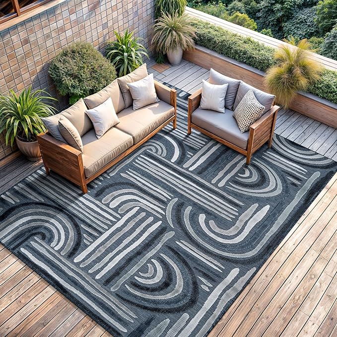 CAMILSON Indoor Outdoor Rug, Navy Blue 10x14 Geometric Arch Striped Large Area Rugs for Patio and Home Areas, Easy-Cleaning Non-Shedding Living Room, Garden and Deck Washable Outside Carpet 10 x 14