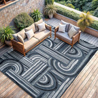 CAMILSON Indoor Outdoor Rug, Navy Blue 10x14 Geometric Arch Striped Large Area Rugs for Patio and Home Areas, Easy-Cleaning Non-Shedding Living Room, Garden and Deck Washable Outside Carpet 10 x 14