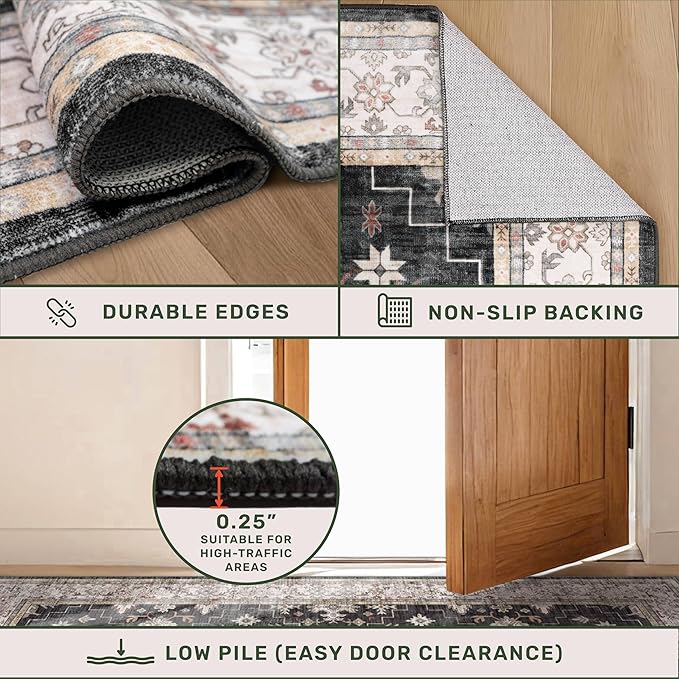 Washable 4x8 Hallway Runner Rug, Black Vintage 8ft Soft Runners for Entry Kitchen Non Slip Low Pile Thin Carpet for Living Room Bedroom Foyer