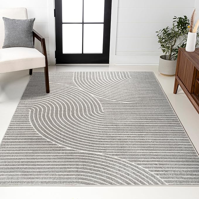 JONATHAN Y Hallie High-Low Curve Gray/Ivory Indoor/Outdoor Area Rug, 12x18, Minimalist, Pet Friendly, Non-Shedding, Stain Resistant, Hose-Washable for Backyard, Patio, Porch (SCN100A-18)