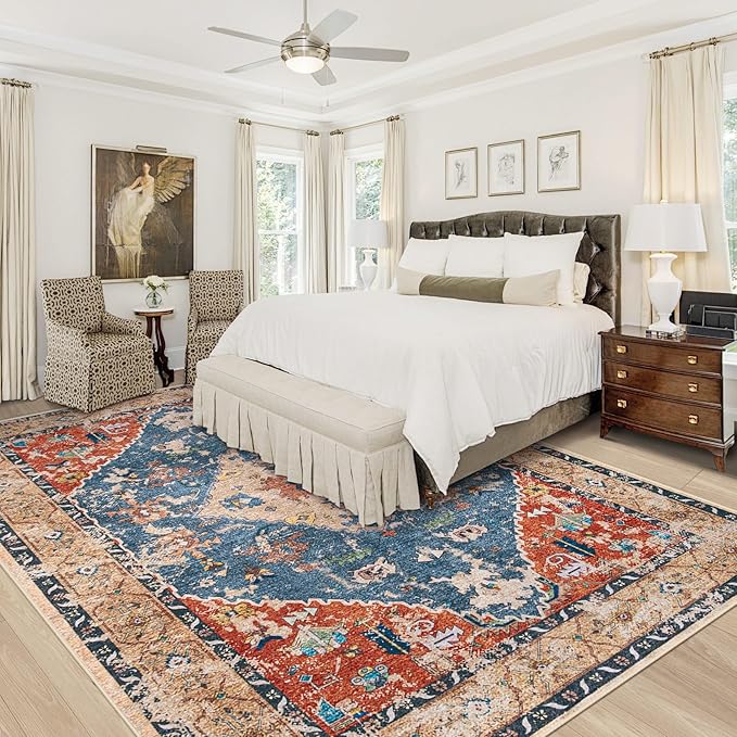 Area Rug 9x12 Washable Rug, Vintage Boho Medallion Rugs Non-Slip Soft Low Pile Large Distressed Rug Indoor Retro Carpet for Living Room Bedroom Dining Room Home Office (Tribal Medallion/Multi, 9'x12')