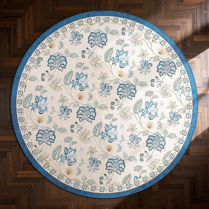 jinchan Elora 7ft Floral Round Rug for Dining Room Washable Living Room Rug Vintage Romance Design Non Slip Indoor Floor Cover Lightweight Low-Profile Throw Carpet for Bedroom Porch Patio, Blue/Beige