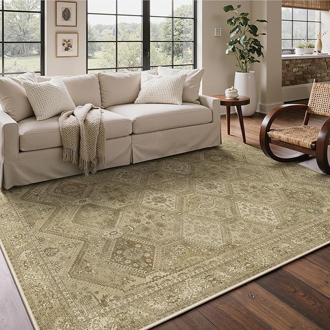 Bavni 5x7 Area Rugs for Living Room, Machine Washable Rug Non Slip, Vintage Chenille Distressed Print Carpet, Large Low Pile Ultra-Thin Lightweight Rugs for Bedroom, Dining Room, Office, Nut Brown