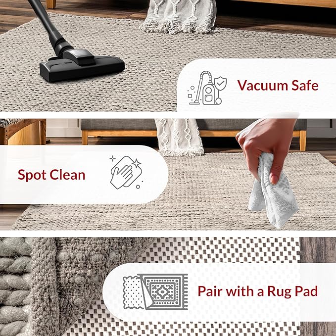 Nuloom Penelope Light Grey/Ivory, 7'6" x 9'6", Hand-Braided, Wool & Cotton, Textured and Dense, High Traffic, Stain Resistant, Easy Clean, Durable Area Rug for Bedroom, Living Room, Dining, Entryway