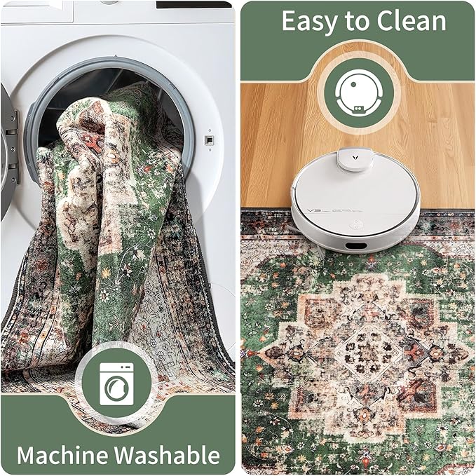 Round Rug 5ft for Bedroom, Green Washable Circle Rug Non-Slip Boho Area Rug 5' Round Carpet for Dining Room Kitchen Dorm Bathroom Low Pile Soft