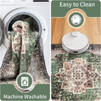 Round Rug 4ft for Bedroom, Green Washable Circle Rug Non-Slip Boho Area Rug 4' Round Carpet for Dining Room Kitchen Dorm Bathroom Low Pile Soft