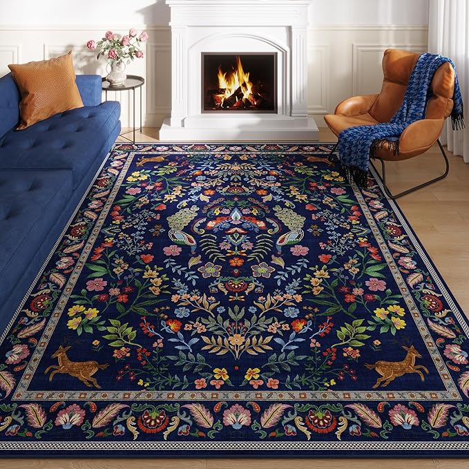 Rugcomf Round Rug 6ft Washable Circle Rug Floral Non Slip Low Pile Small Circular Rug for Bedroom, Bathroom, Entryway, Kids Room, Office(Blue)