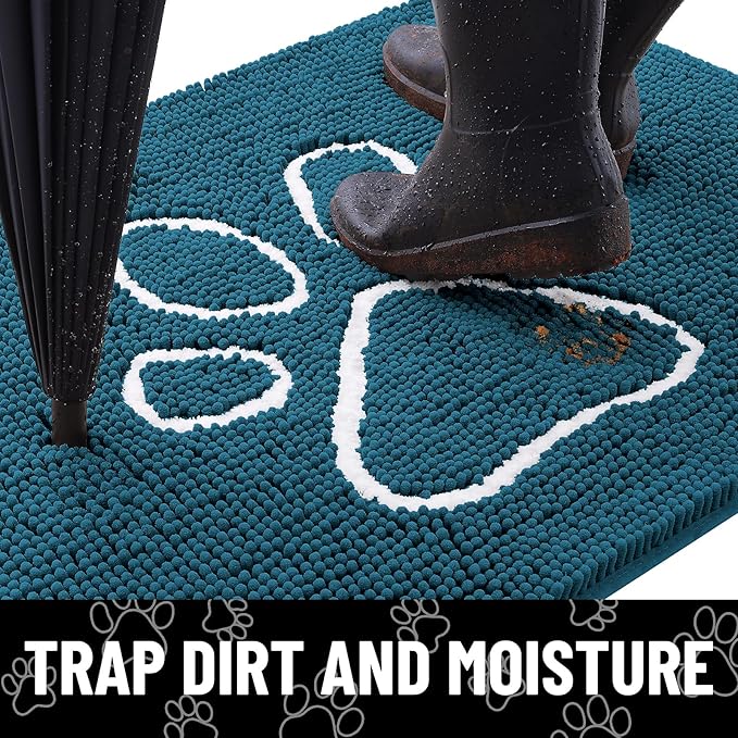 Smiry Dog Door Mat for Muddy Paws, Absorbent Dirt Trapper Non Slip Quick Dry Washable Chenille Mat for Mud Dogs, Entry Rug for Indoor and Outdoor (40x32 Inches, Atlantic Blue and White)