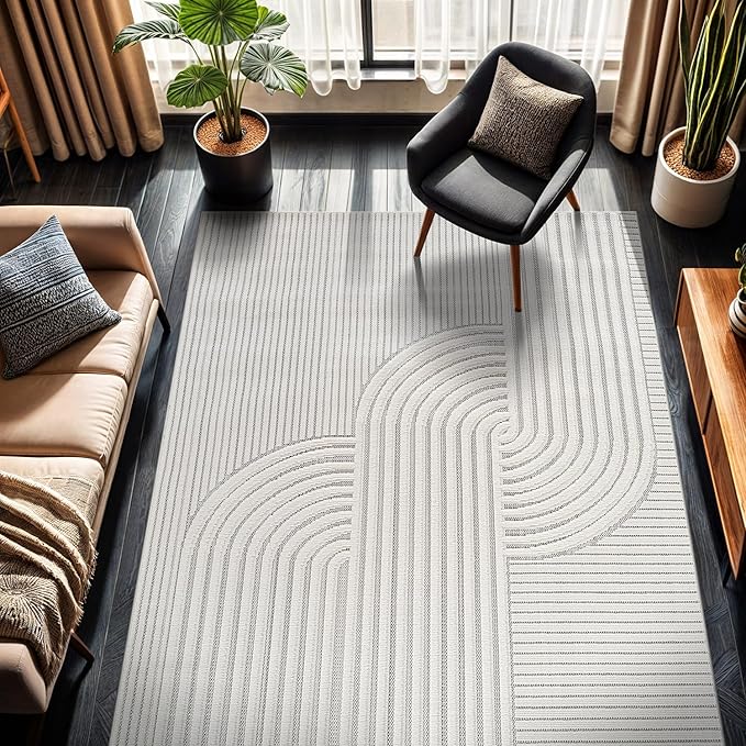 CAMILSON Modern Rug 8x10 Luxury Swirl Curved Micro Loop Area Rugs Soft High-Low Pile Stain Resistant Easy to Clean Non-Shedding Durable Living Room Bedroom Indoor Carpet (White)