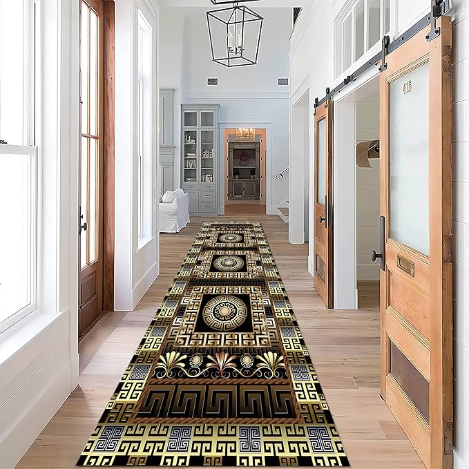 Luxury Greek Key Runner Rug, 3.3x10ft, Black Gold Arabic Style Long Hallway Rug Runners, Modern Black Gold Rugs for Living Room, Easy Clean Pet Friendly Non-Slip Mat for Entryway Floor