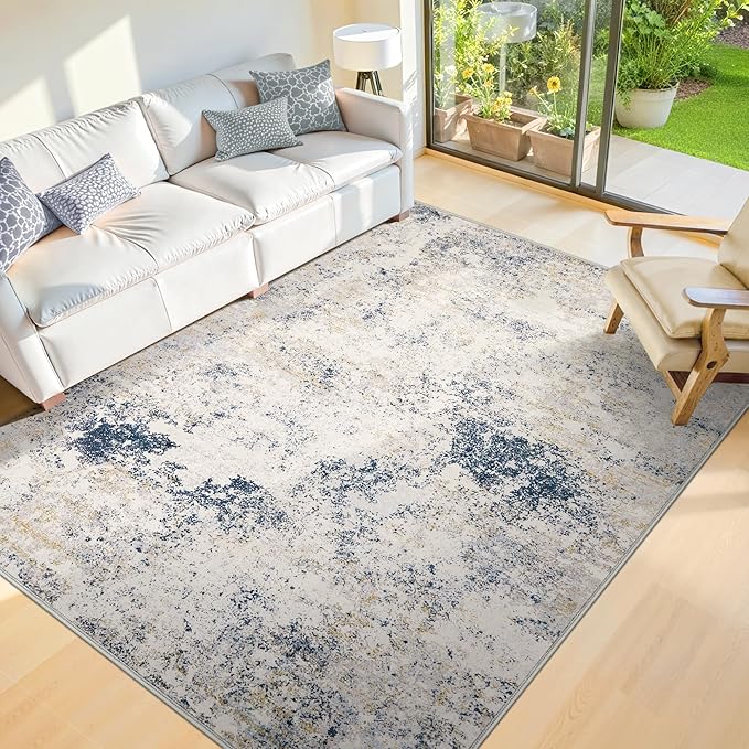 6x9 Washable Area Rugs - Modern Abstract Rugs for Living Room Non-Slip Low Pile Soft Machine Washable Carpet for Bedroom, Dining Room, Nursery, Home Office, Farmhouse (6'x9' Beige Blue)