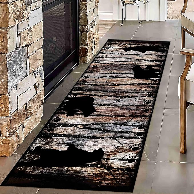 Wildlife Bear Runner Rug, 2x6ft, Vintage Wood Grain Wild Animal Black Bear Corridor Carpet, Non-Slip Washable Long Runner Rug for Farmhouse, American Country Wood Floor Entrance Rug Door Mat