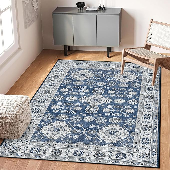 VK VK·LIVING Machine Washable Rug 4'x6' Vintage Design Washable Area Rugs with Non Slip Rugs for Living Room Bedroom Traditional Woven Carpet Stain Resistant Home Decor Office Boho Rug (Navy)