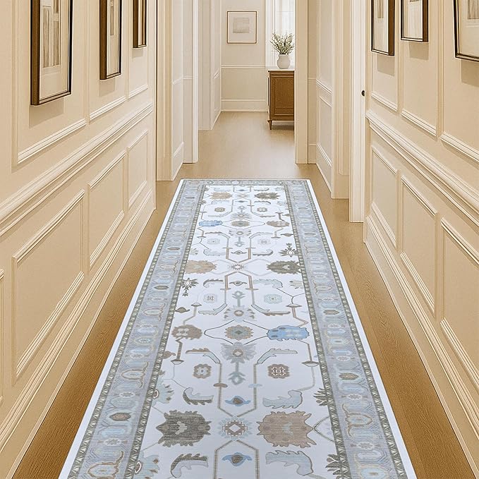 Fame Living Cream Grey Oushak Runner Rug, Modern Runners, Turkish, Eclectic, Floral, Pastel, Washable, Small Rugs, Short Runner for Hallway, Entryway, Laundry, Bedroom, Kitchen, Bathroom, 2'5"x6'5"