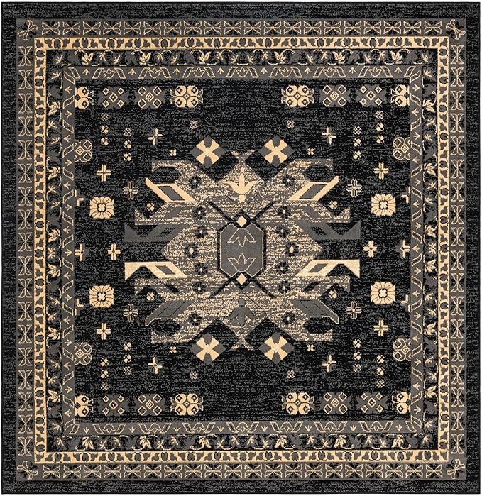 Unique Loom Taftan Collection Border Geometric Tribal Inspired Design Area Rug (8' 0 x 8' 0 Square, Black/ Gray)