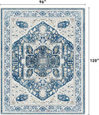 EnHomee 8x10 Area Rugs Washable for Bedroom, Boho Vintage Rugs, Foldable Area Rug for Dining Room, Non-Slip Soft Living Room Rug, Low Pile Large Carpet for Bathroom, Blue and White