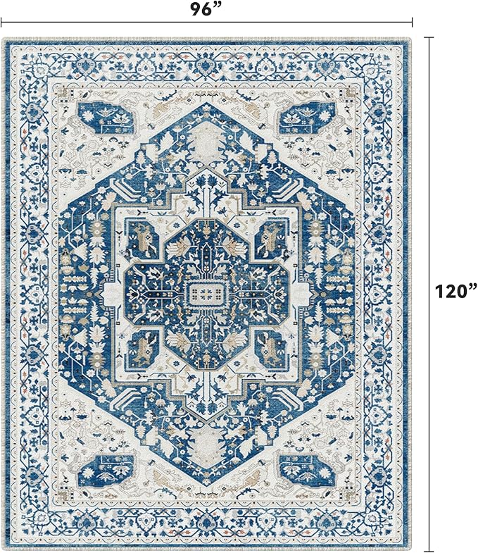 EnHomee 8x10 Area Rugs Washable for Bedroom, Boho Vintage Rugs, Foldable Area Rug for Dining Room, Non-Slip Soft Living Room Rug, Low Pile Large Carpet for Bathroom, Blue and White