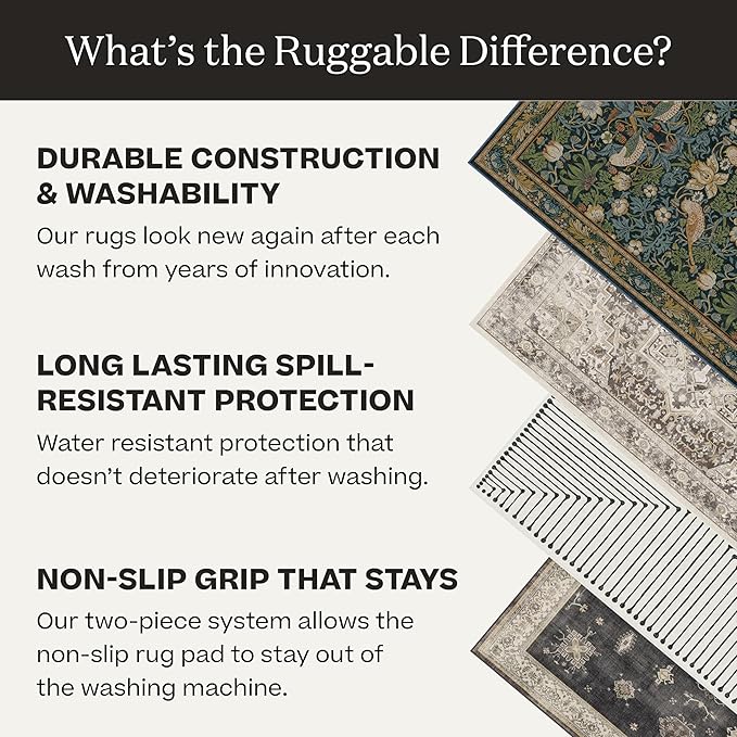 RUGGABLE Washable Vintage Area Rug – Verena Amber Red 2x3, Stain-Resistant, Non-Slip – Small Machine Washable Rugs for Living Room, Bedroom, Hallway, Entryway & Bathroom–with Standard Pad