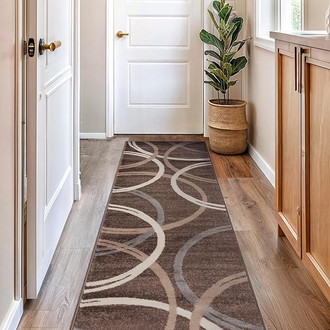 Rugshop Modern Wavy Circles Design Runner Rug, Non-Shedding Carpet for Hallway, Kitchen, or Entryway, Brown, 2'7" x 6'