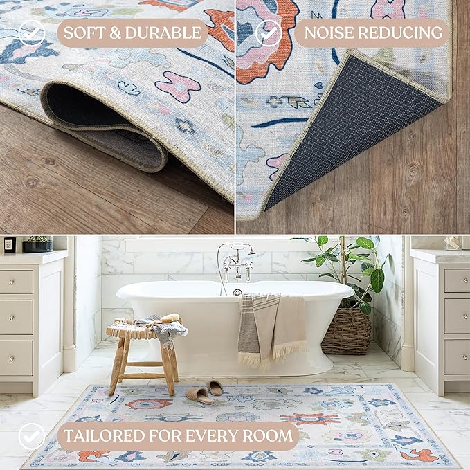 Fame Living Cream Oushak Rug, Modern, Vintage, Turkish, Eclectic, Floral, Pastel, Washable, Area Rugs for Living Room, Dining, Bedroom, Nursery, Girls, Boys, 5'9"x8'9"