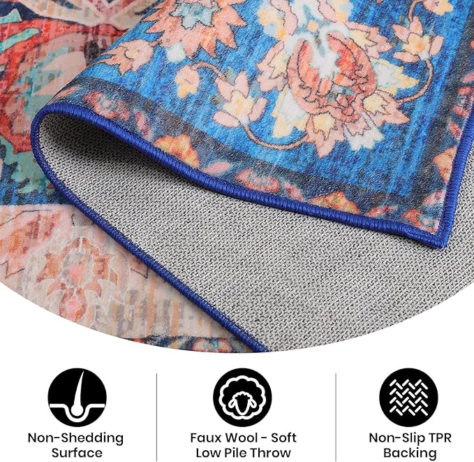 5x7 Washable Rug – Boho Non-Slip Indoor Area Rug for Living Room, Bedroom, Dining Room, Entryway – Red and Blue Vintage Medallion Pattern