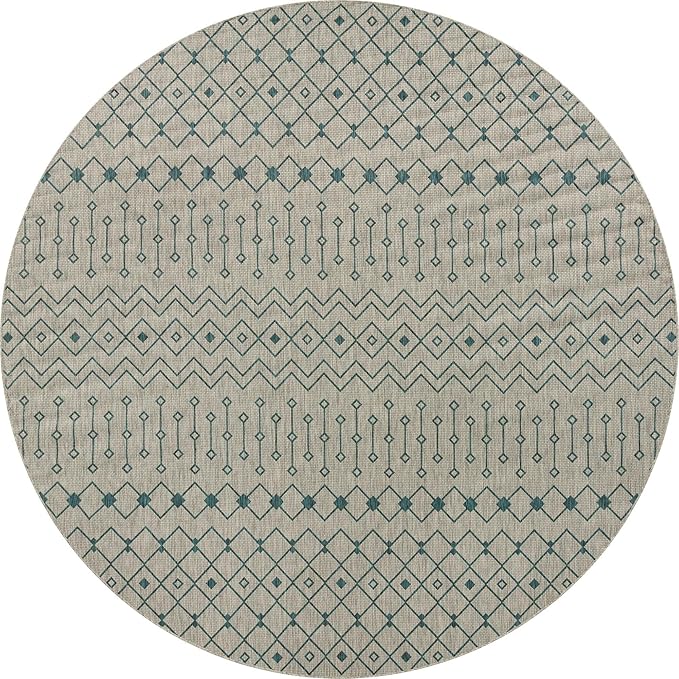 Unique Loom Outdoor Trellis Collection Area Rug - Tribal Trellis (13' Round, Light Blue/ Ivory)