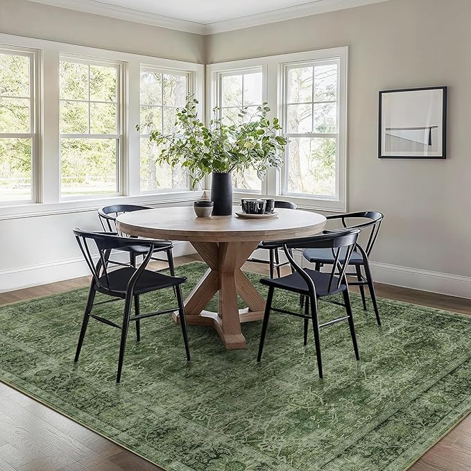 5x7 Green Washable Rug for Living Room Large Vintage Distressed Bedroom Rug Low Pile Non-Slip Soft Boho Carpets for Bedroom Dining Room Home Office Indoor Nursery