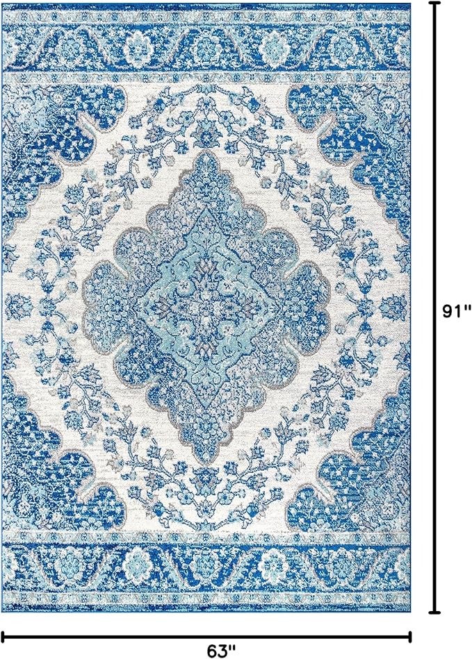 JONATHAN Y Boho Vintage Cream/Blue Indoor Area Rug, 5x8, Bohemian Flair Medallion, Floral Easy-Cleaning High Traffic for Living Room, Bedroom, Kitchen, Pet-Friendly, Non-Shedding (BMF106B-5)