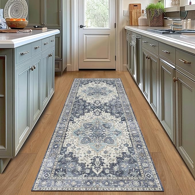 GENIMO 2x5 Runner Rugs for Hallway, Machine Washable Non Slip Vintage Rugs, Low Pile Lightweight Soft Print Rug for enrtyway, Corridor, Home Office, Kitchen, Center Blue