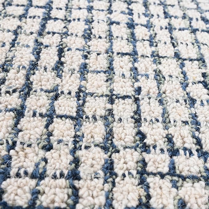 Hand-Tufted 100% Wool Pile Area Rug – Geometric Textured Grid Check Pattern – Thick and Durable Floor Carpet for Bedroom, Living Room, Kids Room, and Dining Area (Ivory, Denim, 9' x 9')