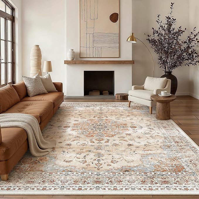 HUGEAR Machine Washable Area Rugs 8x10 Vintage Orange Large Living Room Bedroom Rug Neutral Style Non Slip Stain Resistant Low Pile Throw Carpet for Home Retro Aesthetic Modern Decor