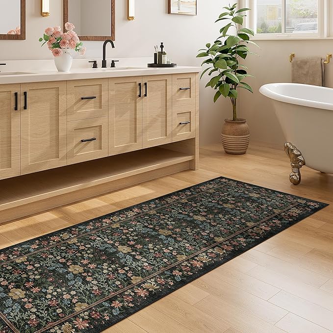 DUKINO 2.6x8 Runner Rug for Hallway, Washable Vintage Floral Kitchen Rug with Non Slip Backing, Soft Low Pile Throw Carpet Runner for Kitchen, Laundry, Hallway, Bathroom, Black