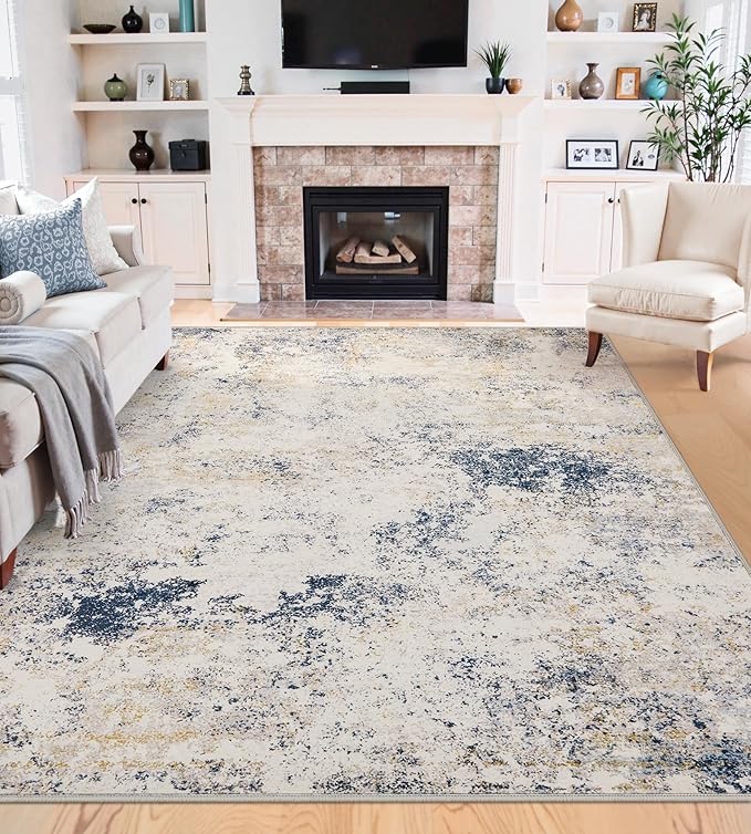 5x7 Washable Area Rugs - Modern Abstract Rugs for Living Room Non-Slip Low Pile Soft Machine Washable Carpet for Bedroom, Dining Room, Nursery, Home Office, Farmhouse (5'x7' Beige Blue)