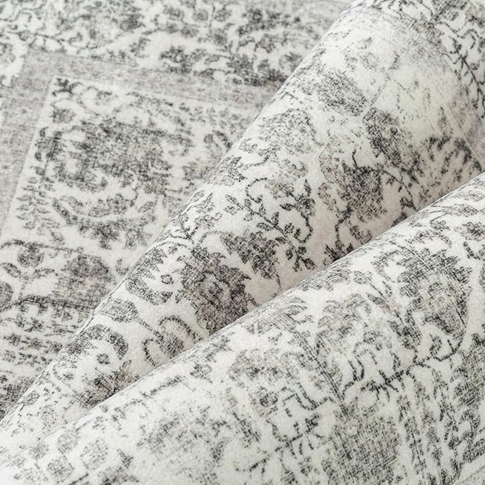 Black Area Rug 10x14 Machine Washable Large Vintage Living Room Distressed Non Slip Carpet Traditional Indoor Bedroom Grey Retro Floral Accent Throw Rug for Office Kitchen Dining Room