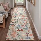 Floral Runner Rug 3x12 Washable Hallway Long Beige Bedroom Carpet Non Slip Indoor Boho Kitchen Low Pile Accent Rug Lightweight Soft for Bathroom Dining Laundry Living Room