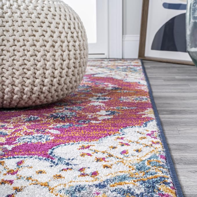 JONATHAN Y Boho Vintage Fuchsia/White Runner Rug, 2x8, Bohemian Flair Medallion, Floral Easy-Cleaning High Traffic for Living Room, Bedroom, Kitchen, Pet-Friendly, Non-Shedding (BMF106C-28)
