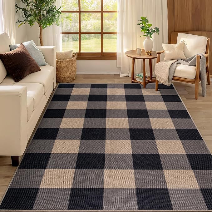 Tangsoo Checkered Easy Jute Rug,3x5 Washable Area Rug for Bedroom,Non-Slip Black Indoor Outdoor Rug Modern Farmhouse Low Pile Carpet for Patio Backyard Entryway