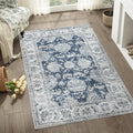 jinchan Fiora Floral 3x5 Area Rugs for Entryway - Machine Washable Taupe Vintage Distressed Design Doormat Non-Slip Ultra-Thin Low Pile Boho Rug for Kitchen Living Room Farmhouse (3‘x5', Dark Blue)