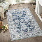 jinchan Fiora Floral 3x5 Area Rugs for Entryway - Machine Washable Taupe Vintage Distressed Design Doormat Non-Slip Ultra-Thin Low Pile Boho Rug for Kitchen Living Room Farmhouse (3‘x5', Dark Blue)