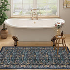 DUKINO 2x5 Washable Runner Rug, Floral Non Slip Bathroom Rugs with Soft Low Pile Design, Lightweight Non-Shedding Carpet Runner for Bathroom, Kitchen, Hallway, Bedroom, Laundry, Dark Blue