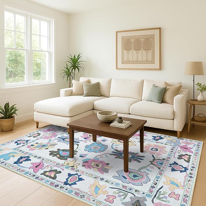 Fame Living Colorful Oushak Rug, Modern Small Rugs, Vintage, Turkish, Eclectic, Floral, Pastel, Washable, Door Mat, Doormat for Indoor Entrance, Entryway, Kitchen, Bathroom, Bedroom, Laundry, 2'x3'