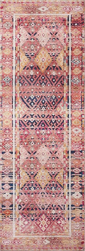 Loloi Layla Collection LAY-15 Magenta/Multi 2'-6" x 9'-6" .13" Thick Runner Rug, Soft, Durable, Vintage Inspired, Distressed, Low Pile, Non-Shedding, Easy Clean, Printed, Living Room Rug